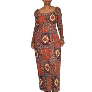 Vintage Denise L Dress Brown 70s Hippie Smocked Paisley Mandala Maxi Size Small